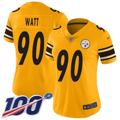 Nike Pittsburgh Steelers #90 T. J. Watt Gold Women's Stitched NFL Limited Inverted Legend 100th Season Jersey